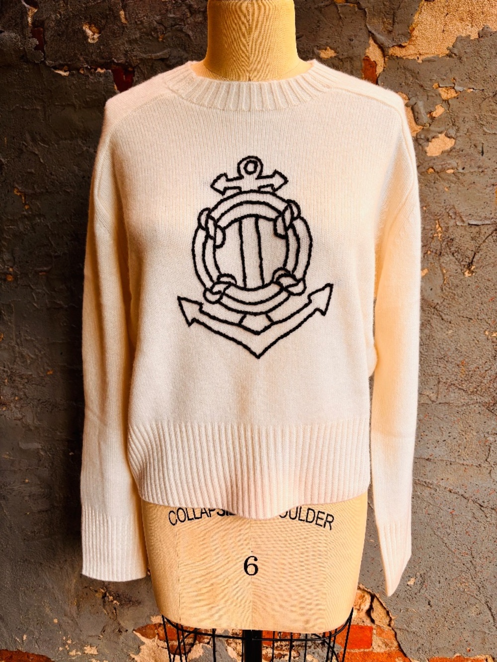 WHITE + WARREN FEATHERWEIGHT CASHMERE NAUTICAL EMBROIDERED SWEATER